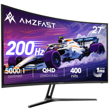 Amzfast 27 Inch Curved Gaming Monitor 200Hz, 2560x1440 QHD, 5000:1 Contrast, 400 nits, 134% sRGB, 1ms MPRT, Adaptive Sync, HDMI2.0&DP1.4, VESA100x100m