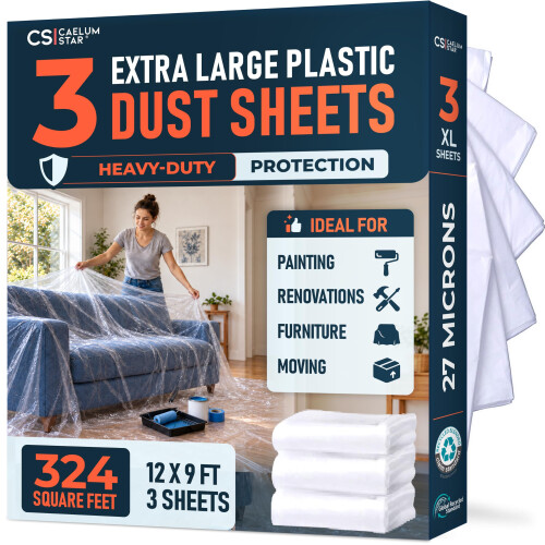 CS 3 Pack Clear Plastic Dust Sheets for Decorating & Painting, 12x9Ft Each