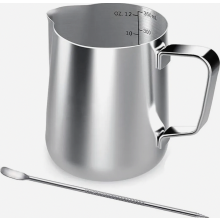 Jarra de acero inoxidable de 350 ml para espumar leche con marcas de medición y bolígrafo para latte art para café.