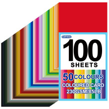 Coloured Card A4 100 Sheets 50 Assorted Colours Craft Card 230GSM85LB