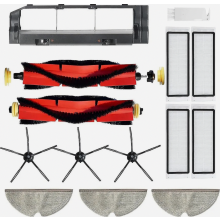 Kit de repuestos para aspiradora robot con cepillo principal, cepillos laterales, filtros HEPA y herramienta de limpieza.