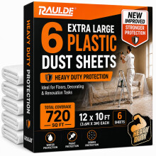 RAULDE Plastic Dust Sheets for Decorating Heavy Duty 12x10FT – 6 Pack Clear Plastic Sheeting –Waterproof Floor Protection Sheet for Painting, Furn