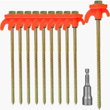 Paquete de 10 estacas de acero resistentes con tornillo para tiendas de campaña, anclajes roscados para acampar y uso al aire libre, color naranja.