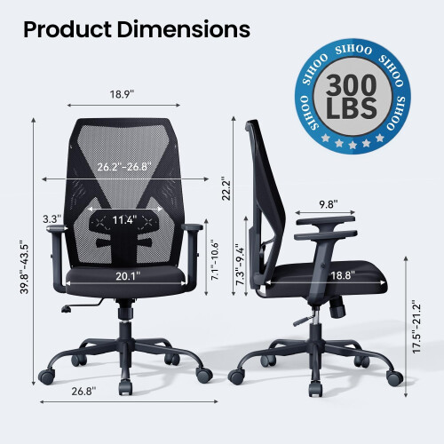 SIHOO Office Chair SpaceSaving Adjustable Lumbar Support Black 2