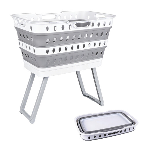 Collapsible Laundry Basket Washing Basket with Legs 45L Plastic Grey 1