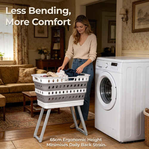 Collapsible Laundry Basket Washing Basket with Legs 45L Plastic Grey 2