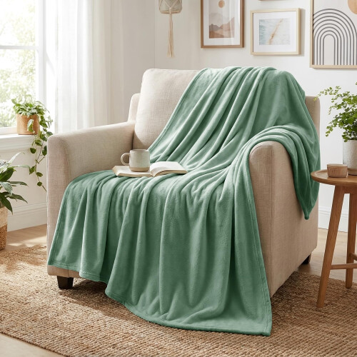 Aisbo Sage Green Throws Blanket for Sofas Single Fluffy Blanket Bed T 1