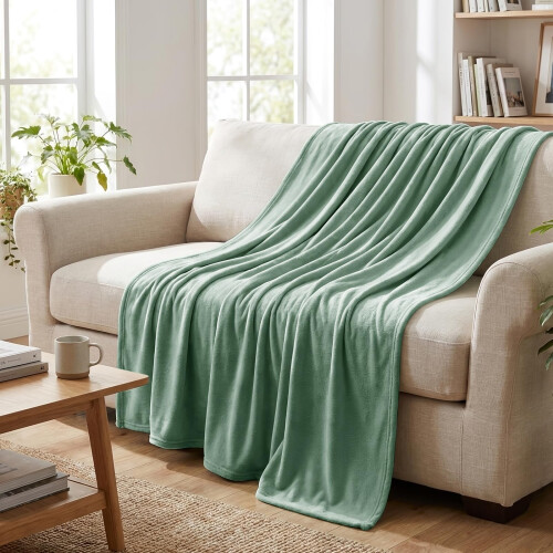 Aisbo Sage Green Throws Blanket for Sofas Single Fluffy Blanket Bed T 2