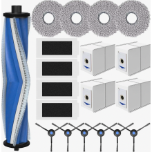 19-osainen robotti-imurin lisävarustesarja, jossa pääharja, pölypussit, HEPA-suodattimet, moppityynyt ja sivuharjat