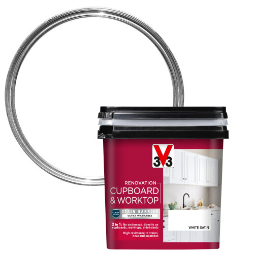 V33 Renovation Cupboard & Worktop Paint, White Satin, 750ml