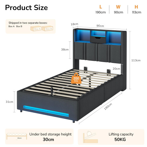 DICTAC 3ft Single Ottoman Storage Bed with RGB LED Lighting Upholstere 1