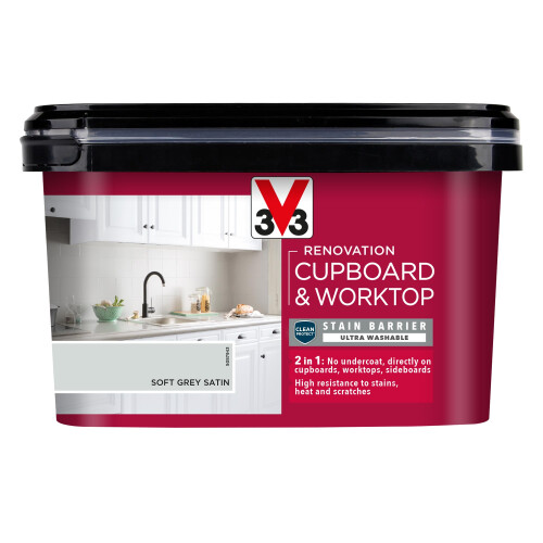 V33 Renovation Cupboard & Worktop Paint, Soft Grey Satin, 2L 1