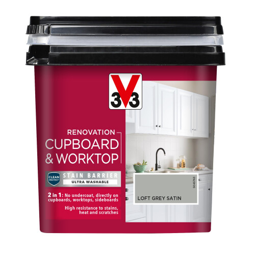 V33 Renovation Cupboard & Worktop Paint, Loft Grey Satin, 750ml 1