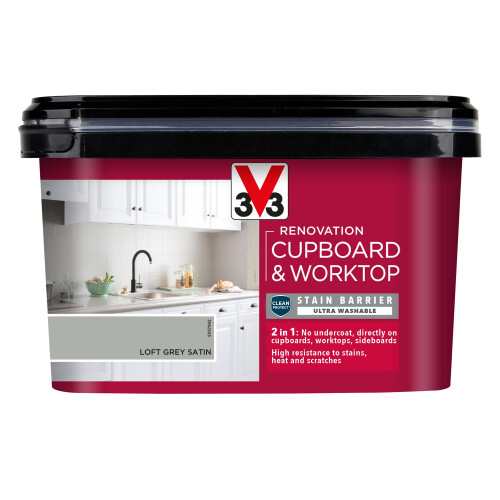 V33 Renovation Cupboard & Worktop Paint, Loft Grey Satin, 2L 1