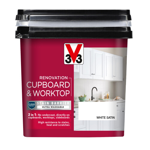 V33 Renovation Cupboard & Worktop Paint, White Satin, 750ml 1