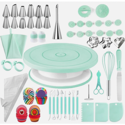 Rotating Cake Stand and Decorating Accessories Set, Green, Compatible with Standard Baking Tools for Beginners