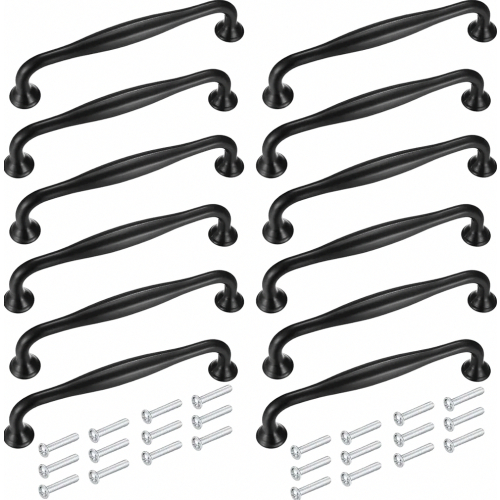 12 Pack 128mm Kitchen Cabinet Handles, Black Aluminium Alloy Pulls with Screws for Cupboard Doors and Drawers