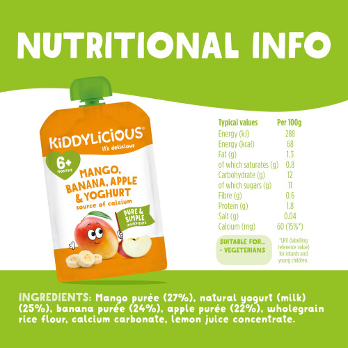 Kiddylicious Mango, Banana & Apple Fruit Pouches - Suitable for 6+ Mon 1