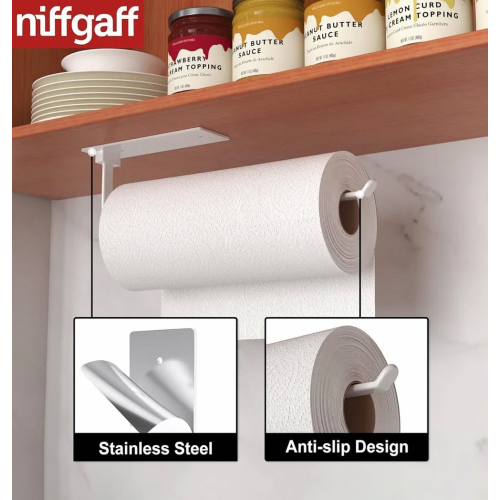 White Kitchen Roll Holder Without Drilling, Self-Adhesive Under Cabinet Wall Mount for Easy Storage 1