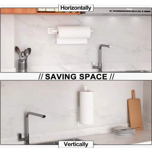 White Kitchen Roll Holder Without Drilling, Self-Adhesive Under Cabinet Wall Mount for Easy Storage 2
