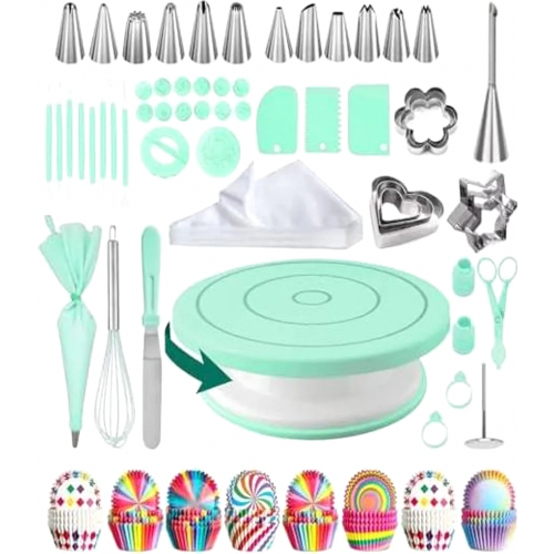 Rotating Cake Stand and Decorating Accessories Set, Green, Compatible with Standard Baking Tools for Beginners 1
