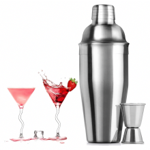 Conjunto de coqueteleira, misturador de aço inoxidável de 750 ml com coador embutido e dosador de 15 ml e 30 ml.