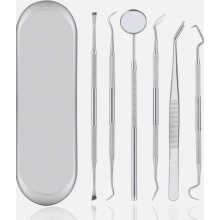 Kit de higiene bucal com 6 peças, ferramentas de aço inoxidável com espelho, sonda, pinça e estojo para removedor de tártaro.