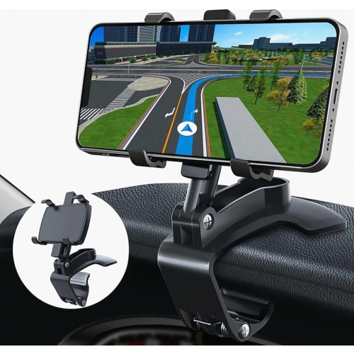 Suporte para celular veicular, suporte giratório de 360 graus para painel, suporte ajustável com clipe para smartphones de 3 a 7 polegadas.