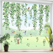 Conjunto de 3 adesivos de janela com trepadeiras, plantas de folhas verdes e pássaros para decoração de vidro.