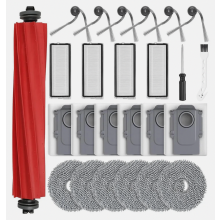 Kit de acessórios para aspirador robô com 25 peças, incluindo escova principal, sacos de pó, filtros, panos de limpeza e escovas laterais.