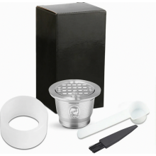 Filtro de cápsula de café reutilizável em aço inoxidável, cápsula recarregável com escova, colher e anel de prensa francesa.