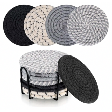 Conjunto de 8 porta-copos redondos de algodão com suporte, tapetes antiderrapantes de tecido para bebidas, copos e canecas.