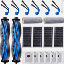 Kit de reposição com 21 peças para aspirador robô, incluindo escovas principais, rolos de limpeza, sacos de pó e filtros.