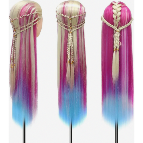 Cabeça de treinamento para manequim de 28 polegadas com cabelo sintético, presilha e kit para tranças DIY, multicolorida 2