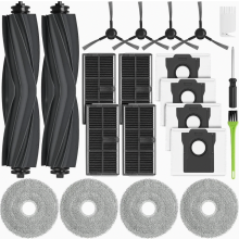 Kit de acessórios de reposição com 4 sacos de pó, 4 filtros, 2 escovas principais, 4 panos de limpeza e 4 escovas laterais.