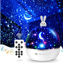 Projetor de céu estrelado infantil com luz noturna, música via Bluetooth, 8 filmes, rotação de 360 graus e controle remoto para cabeceira.