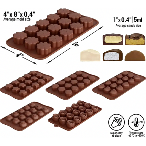 Conjunto de 6 Formas Flexíveis de Silicone para Doces, Chocolates, Balas de Goma e Doces Duros, Marrom 1