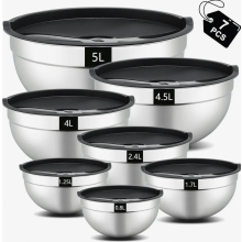 Conjunto de 7 tigelas de aço inoxidável com tampas, tigelas empilháveis para salada, próprias para lava-louças, de 5 L a 0,8 L