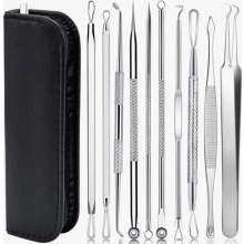 Conjunto de 10 peças para remoção de cravos, extrator de acne e kit de limpeza de poros, aço inoxidável para rosto e nariz.