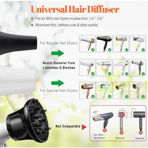 Difusor universal para secadores de cabelo de 1,4 a 2,6 polegadas, ideal para estilizar cabelos cacheados e ondulados. 2