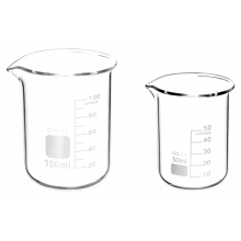 Conjunto de 2 copos medidores graduados de vidro, 50 ml e 100 ml, para uso em laboratório e na cozinha.