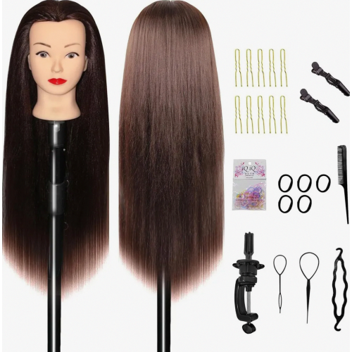 Cabeça de manequim de 66 cm (26 polegadas) para treinamento com suporte, cabelo de fibra resistente ao calor para cabeleireiro e estilização
