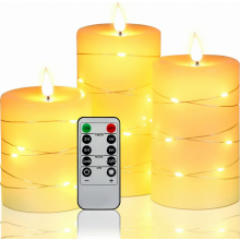 Conjunto de 3 velas LED sem chama com luzes de fada, controle remoto, temporizador de 24 horas, chama dançante e cera verdadeira.