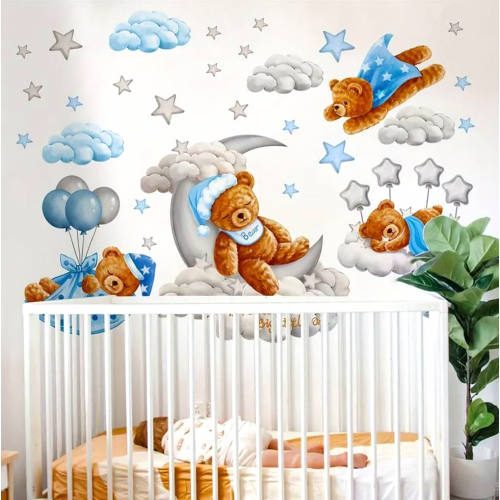 Adesivo de parede XXL Urso com nuvens, balões, lua e estrelas, 138 cm, para quarto infantil. 2