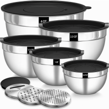 Set di 5 ciotole in acciaio inox con coperchi ermetici, 3 grattugie, impilabili e lavabili in lavastoviglie.