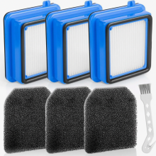 Set di filtri di ricambio per aspirapolvere, composto da 3 filtri pre-motore, 3 filtri igienici e spazzola per la pulizia.