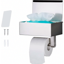 Porta rotolo di carta igienica senza foratura, in acciaio inox, con ripiano e contenitore per salviette umidificate.