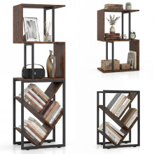 6-Tier Bookshelf Industrial Bookcase Wooden S-Shaped Storage Organizer