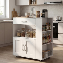 Mobile Kitchen Island Wooden Kitchen Cart w/ Cabinet & Spice Racks