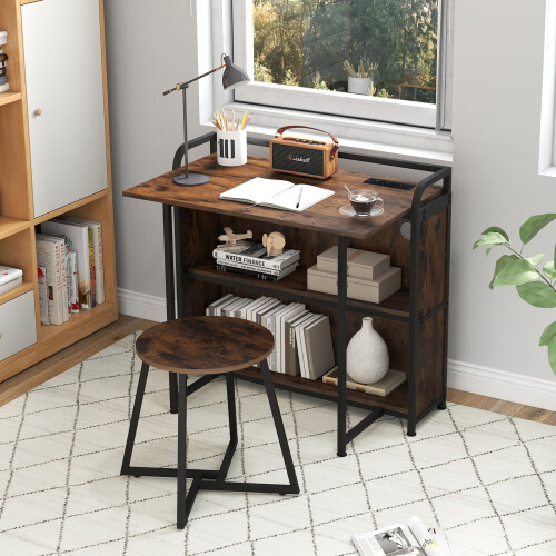 Costway Folding Table w/Stool 90 cm Computer Desk Set w/ AC Outlets